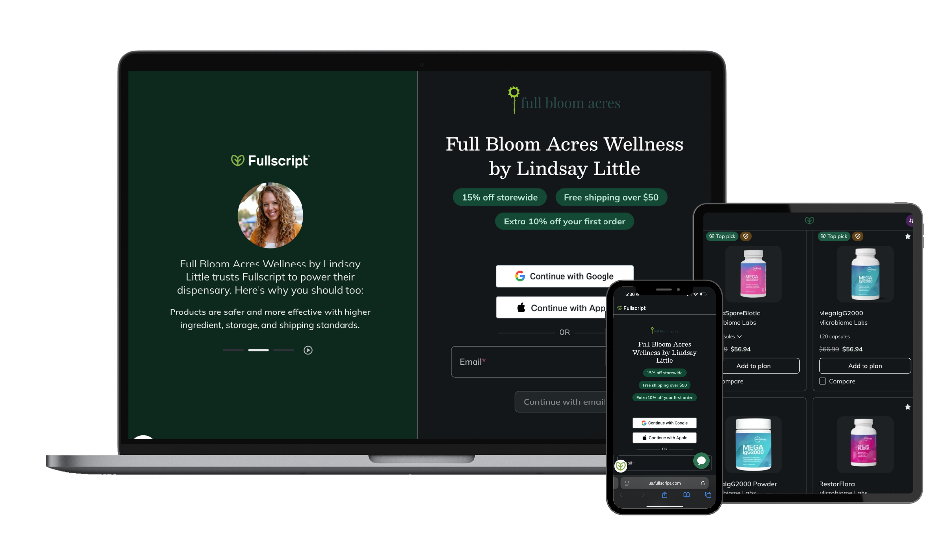 Full Bloom Acres Wellness Fullscript dispensary shown on laptop, tablet, and phone