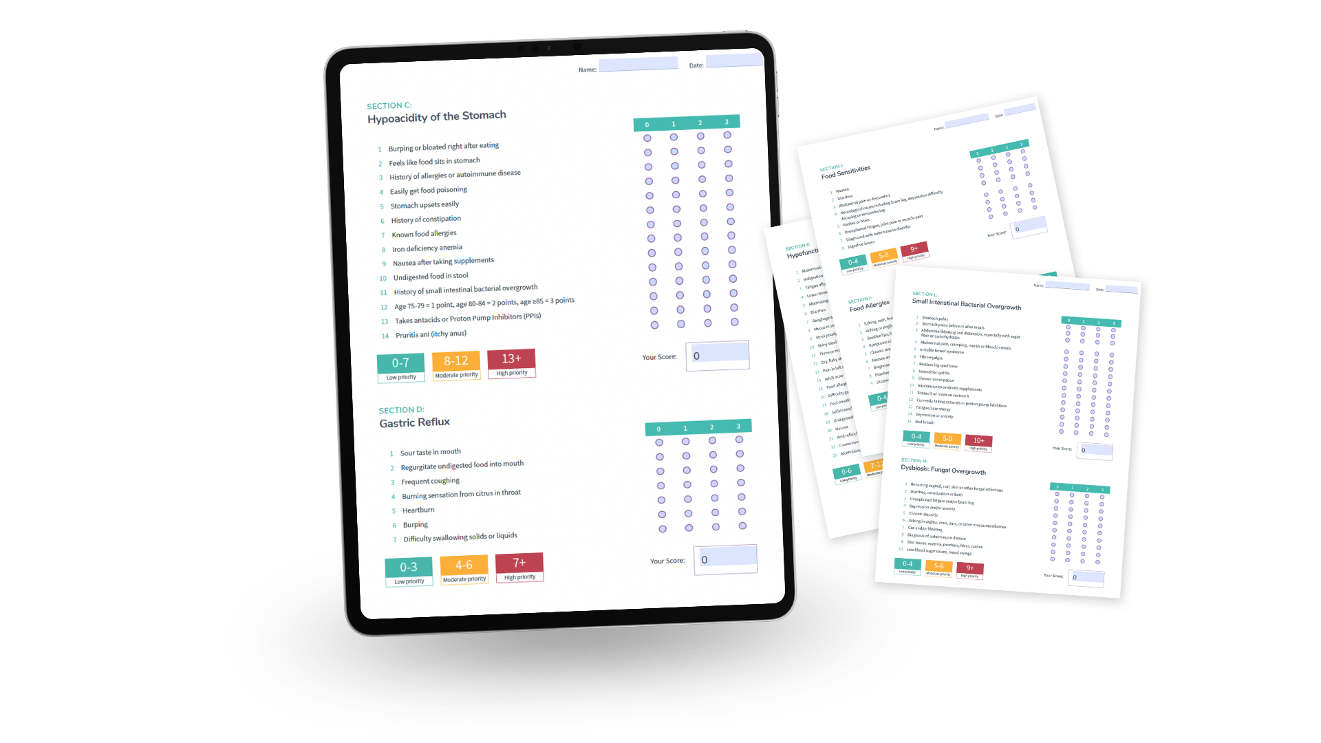 The Gut Code assessment intake forms shown on tablet and paper