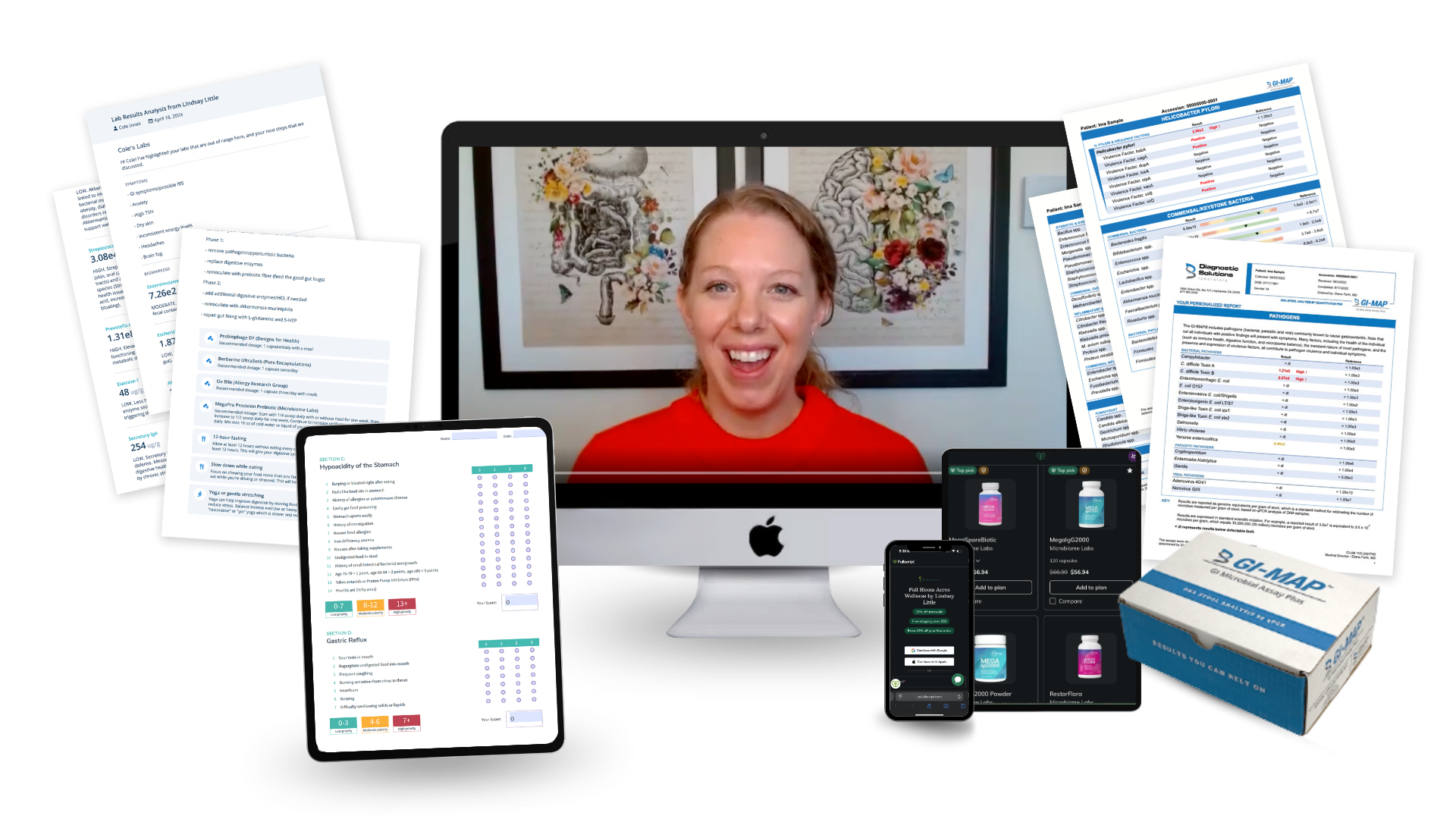 The Gut Code mockup showing Lindsay, GI-MAP test kit, assessment tablet, supplement protocol, and FullScript interface