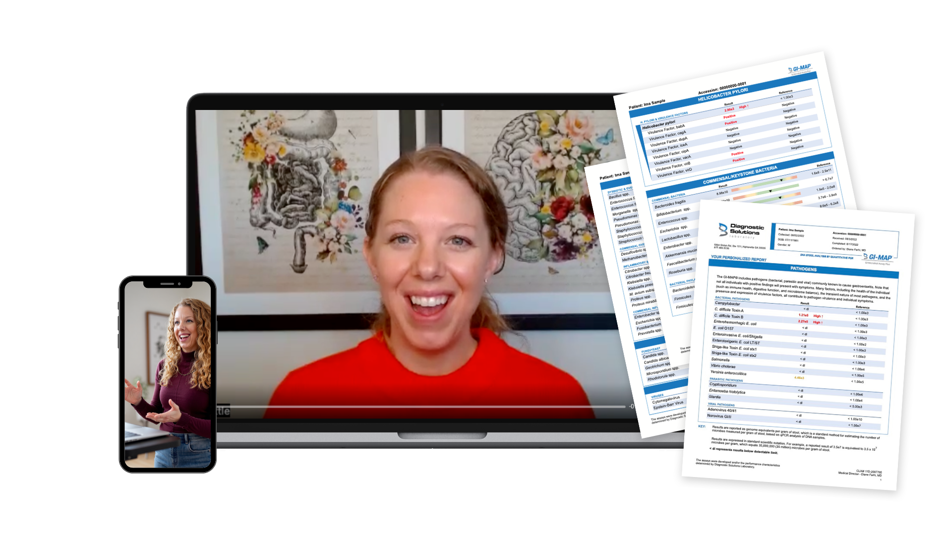 Lindsay on a video call reviewing GI-MAP test results with a client